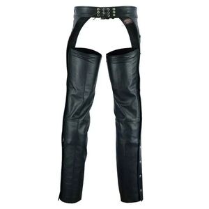 Mustang Black Leather Motorcycle Chaps with Snap Leg Closures